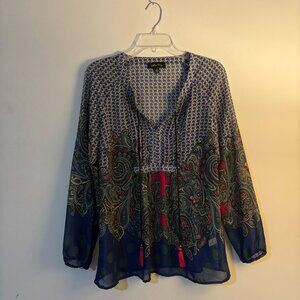 Melissa Paige Womens Blue Pink Cream Chiffon Sheer Tassel Ties Shirt Top Small